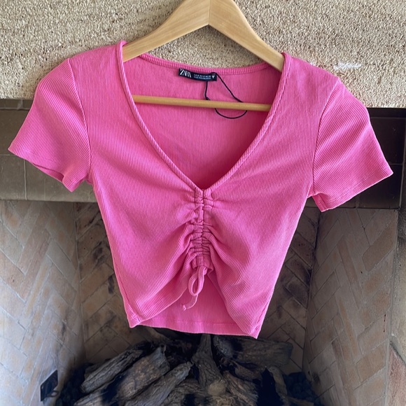 Zara Ribbed Draw-String Crop Tee Size S - Picture 5 of 9